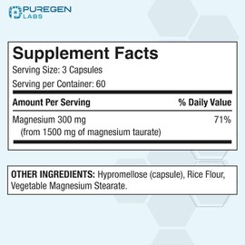 Puregen Labs Magnesium Taurate 1500mg per Serving High Potency 180 Veggie Caps