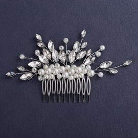 Wekicici Silver Wedding Pearl Hair Comb Bridal Crystal Headpiece for Bride Rhinestone Pearl Beads Hair Side Comb Elegant Hair Jewelry for Women