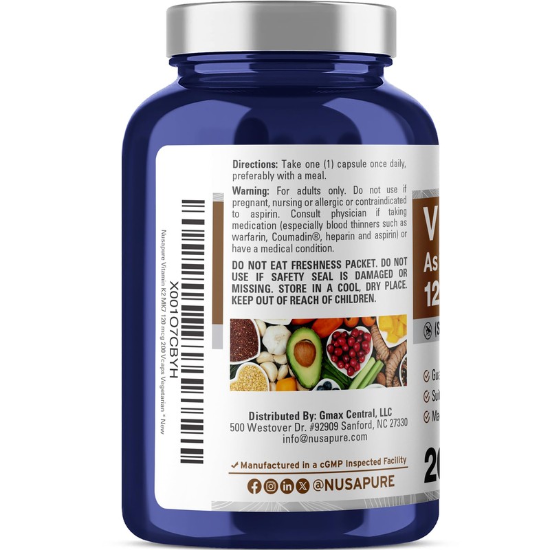 NusaPure Vitamin K2 MK7 120 mcg 200 Veggie Caps (Soy