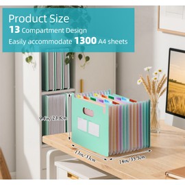 NOTEZMATE Expanding File A4 Wheat Straw with 13 Compartments, Upright and Open Top, Portable Document Organiser, Accordion Folder with Index Labels and Coloured Interior for Office, School, Home, Mint
