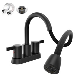 Phiestina Pull Down Sprayer Matte Black 4 Inch 3 Hole Bathroom Faucet，Centerset 2 Handle Pull Out Bathroom Sink Faucet with 360 Swivel Spout，Metal Pop-Up Drain and Water Supply Lines，BF04011-K01-MB