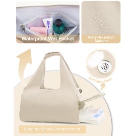 RHDZO Gym Bag for Women with Shoe Compartment Yoga Mat Bag with Water Bottle Pocket and Wet Pocket Weekender Bag with Shoulder Strap, Beige