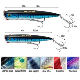 Dr.Fish 5 Pack Topwater Popper Saltwater Fishing Lures, 5.5 Inches GT Popper VMC Treble Hooks Surf Fishing Lures for Bass Striper Pike Mackerel Flounder Barracuda Snapper Offshore Blue Mackerel