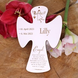 DEKOLANDO Engel Taufkreuz personalisiert mit Name Datum graviert Holzkreuz Kreuz Kinderkreuz mit Engel & Spruch weiß 15 x 21 cm