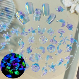 50pcs Ocean Series Nails Charms 3D Resin Night Light Nail Art Supplies for Acrylic Nails Sea Shell Starfish Dolphin Nail Gems and Charms Kawaii Nail Charms for Women Summer DIY Nail Art Decoration