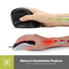 DELUX Wireless Ergonomic Vertical Mouse, 2.4G with USB Receiver and Bluetooth, 4000 DPI, Silent Clicks, 6 Buttons, Computer Optical Ergo Mouse, Reduce Wrist Pain and Hand Strain (M618Mini DB-Black)