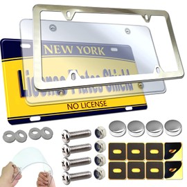 ZXFOOG License Plate Frame Cover Kit- Clear Flat Plate Cover & Stainless Steel Car Tag Holder, Unbreakable Novelty Protector Fit Standard US Plate, Mount Screws, Chrome Caps, 1 Pack for Front or Rear