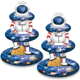 2 Pack Space Astronaut Cupcake Stand Space Themed Party Decorations 3 Tier Cupcake Holder Outer Space Party Decorations Astronaut Dessert Tower for Boys Kids Galaxy Birthday Supplies