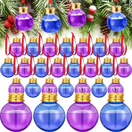 Patelai Christmas Drink Balls Shot Glass Ornament Plastic Fillable Christmas Tree Ornaments Xmas Water Bottle Bulbs for Holiday Party Decor Indoor Outdoor(Blue, Purple with Gold Lid,24 Pcs)