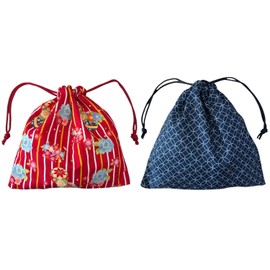 Japan Style Drawstring Pouch Japanese Fabric Kinchaku Pouch Cosmetic Bag Set of 2 Designs (Square)