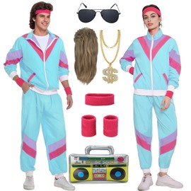 Miulruma Miulruma 80er Jahre Kostüm Herren Damen 80er 90er Jahre Outfit mit 80er Jahre Gürteltasche 80er Accessoire Retro Stil Mottoparty Kostüm Trainingsanzug Anzug Kleidung Blau A040M