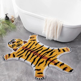 Tiger Shaped Rug Tiger Bath Mat for Bathroom, Yellow Tiger Rug Door Mat Non Slip Cartoon Animal Printed Area Rug Carpet Absorbent Bathtub Rug Playroom Rug Bathroom Shower Rugs,39.5x23.6inch