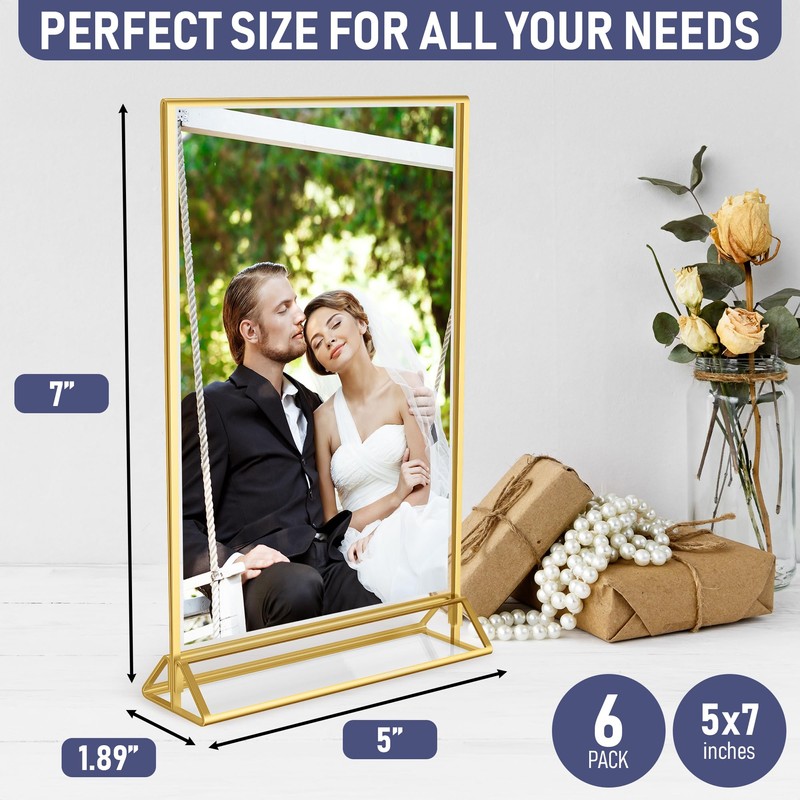 Gold Picture Frames Double-Sided, 6-Pack 5x7 Acrylic Table Number Holders,