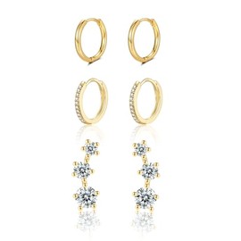 Earrings 925 Silver Set for Women 3 Pairs 14 Carat Gold-Plated Stud Earrings Hoop Earrings Set with Zirconia Stackable Multiple Piercings Jewellery Gift for Women, Silver