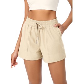 ODODOS Stretch Woven Athletic Shorts for Women High Waist Summer Lightweight Casual Shorts with Pockets, Beige, X-Small