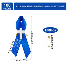 WANDIC 100 PCS Blue Satin Ribbon Pins with Cross, Memorial Ribbon Brooches in Forever in Our Hearts for Funeral Mourning Event Bereavement Remembrance