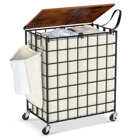 DXIGUSO Laundry Basket with Wheels, Heavy Duty Laundry Sorter 2 Sections, Large Capacity Laundry Hamper with Wood Lid, 360 Rolling Wheels, Extra Side Pocket, Leather Pull Handle (Beige)