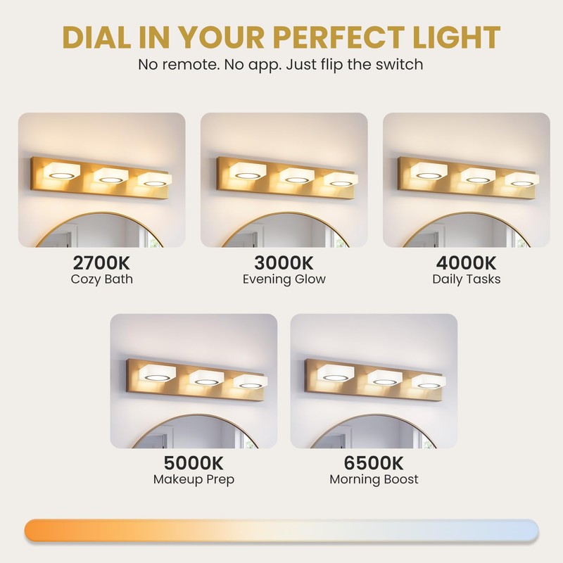 TimberAura Bathroom Vanity Light, 3-Light 24 Inch Brushed Gold 5CCT
