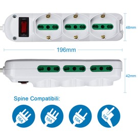 EXTRASTAR Surge Arrest, Steckdosenleiste mit automatischem Schutzschalter, Stecker 10 A, Stecker 3 italienische / deutsche Steckdosen und 6 zweipolige 10/16 A, weiß, Kabel 1,5 m.