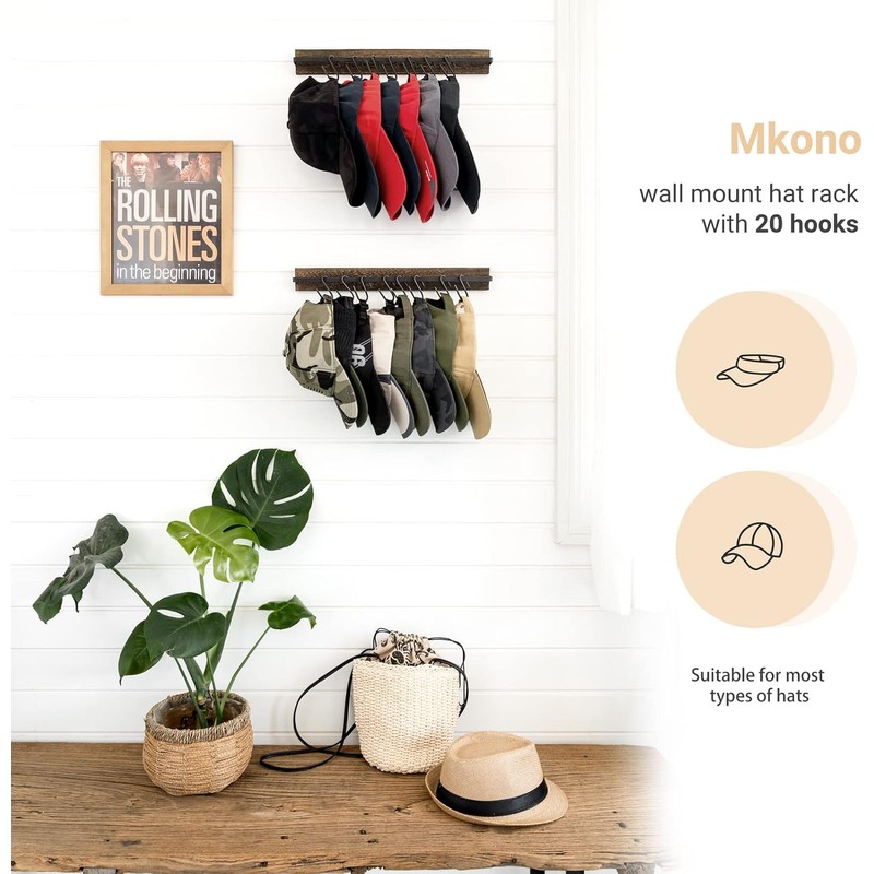 Mkono Hat Rack for Wall Wooden Baseball Caps Organizer with