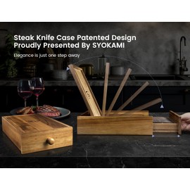 SYOKAMI Steak Knives Set of 6 with Drawer Organizer, 4.8 Inch High Carbon Japanese Style Non Serrated Meat Knife with Wood Handle, Damascus Pattern Full Tang Design, Razor-Sharp Dinner Knives