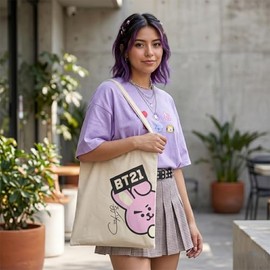 Bolsa Tote Bag BT21 de Loneta Personajes | Tote Bag Kawaii Coreana 35x40 cm | Bolsa Reutilizable BT21 para Escuela, Universidad y Uso Diario