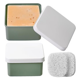 Square Soap Travel Case Set of 2, Green Plastic Soap Holder with Lid Portable Bar Soap Dish Box with Soap Saver Pad for Travelling Gym Camping Bathroom