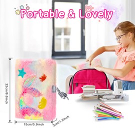PESLNG Secret Diary Girl with Lock, Plush Notebook with Padlock, Private Notebook, Gift Notepads School Office Travel Notebooks (Pearl Mermaid, Bright Colour, Multi)