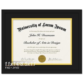 Fxojyvo Black 11x14 Diploma Frame, Display Document 8.5 x 11 with Mat or 11 x 14 Without Mat, Certificate Frame with Black&Gold Mat for Masters Associates Bachelor Degree - 1 Pack