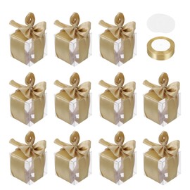 MECCANIXITY 20 Pcs Clear Gift Boxes, 36x36x36mm Clear Boxes for Favors with Gold Ribbon Blank Tag, Plastic Gift Box for Wedding, Party Favors, Candy Boxes, Home Birthday Decor
