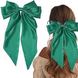 1PCS Bow Hair Clip,Big Bowknot Hairpin with Long Silky Satin,Solid Color French Barrette for Women Girls (Dark green)