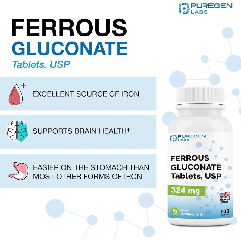 Puregen Labs Ferrous Gluconate 324 mg [High Potency] Iron Supplement