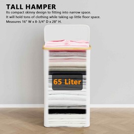 SpaceAid Slim Laundry Hamper with Lid, 65L Narrow Clothes Basket Bin with Bamboo Handles, Skinny Tall Collapsible Hamper for Bedroom, Bathroom, Dorm, Laundry Room - White