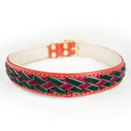 BGX Soft Tentacle Woven Leather Collar and Hand Woven Leash Set - Dog Collar with Soft Comfortable Stuffing, Poinsettias Dog Collar (M)