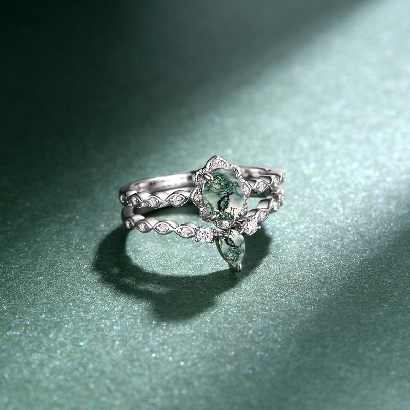 Cujiesp Moss Agate Engagement Ring Set (9)