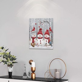 Snowman Wall Art Winter Snowmans Pictures Wall Decor Cardinal Rustic Canvas Painting Modern Artwork Home Decoration for Living Room Bathroom Bedroom Office Framed 12"x16"