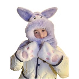 Girls and Boys Hooded Hat Scarf,Warm Plush Cute Purple Winter Hat for Kids Cap with Gloves Mittens 3-in-1 Party Dress Hat Surprise Birthday Gifts, Purple Cartoon