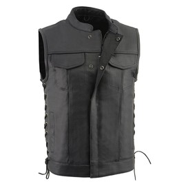 Milwaukee Leather LKM3712 Men's Black Leather Club Style Motorcycle Rider Vest w/Front Snap/Zipper and Side Lace - Medium