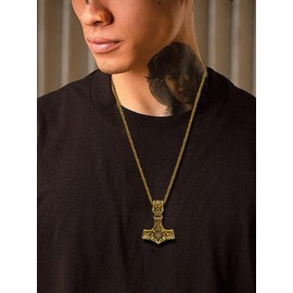 Oaldilee Men's Gold Thor's Hammer Pendant Nordic Mjolnir Necklace with 22 Inch Chain Norse Viking Talisman Amulet Jewelry