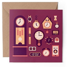 1 x Greeting Card - Clock Pattern Clocks Time - Blank Birthday Celebration Anniversary #50547