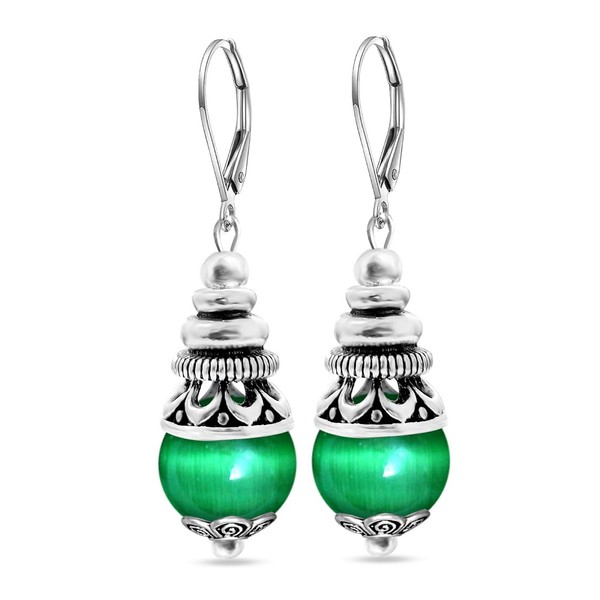 HQFJW Natural 10mm Green Cat-Eye Quartz Stone Bead Drop Earrings,Retro
