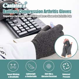 Bamboo Compression Arthritis Gloves for Men & Women - Fingerless Carpal Tunnel Wrist Hand Brace Gloves for Arthritis Pain (Grey, L)