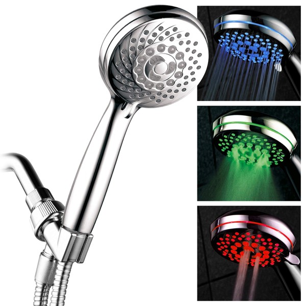 HotelSpa SpectrumTM Ultra-Luxury 7-setting / 7-color LED Handheld Shower-Head with Chrome Face. 7 colors of LED Lights change automatically every few seconds.