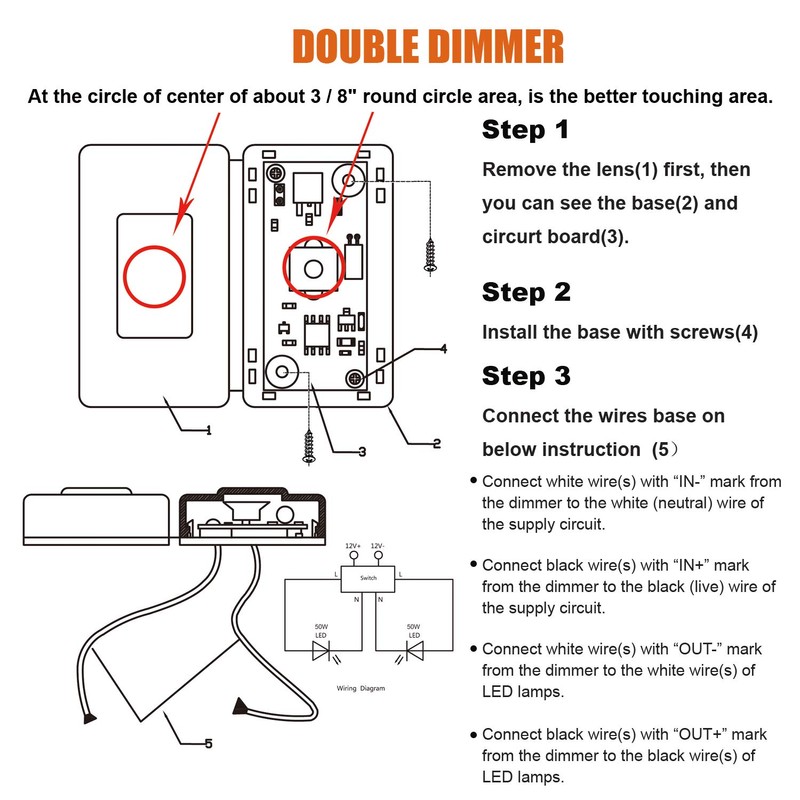 Facon 12Volt Touch Double Dimmer Switch,100W Max, PWM Wall Mount