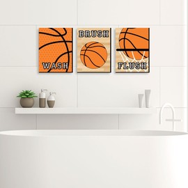 Big Dot of Happiness Nothin' but Net - Basketball - Kids Bathroom Rules Wall Art - 7.5 x 10 inches - Set of 3 Signs - Wash, Brush, Flush