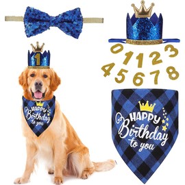 Crown Dog Birthday Hat, 4 Pieces, Cute Dog Birthday Hat and Bandana with Dog Bow Tie and Golden Numbers, Reusable for Pets Puppies Cats Small Medium Dogs (Blue)