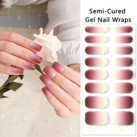 SILPECWEE Semi Cured Gel Nail Strips (Gradient Red & White - 16PCS), Gel Nail Stickers Full Nail Wraps Need UV Light, Salon Quality & Easy to Use - with Prep Pads, Nail File, Wood Stick