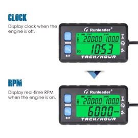 Runleader Hour Meter Tachometer, Maintenance Reminder, Alert RPM Reminder, Initial Hours Settable, Battery Replaceable, Use for Lawn Mower Generator Marine ATV and Gas Powered Equipment (HM058B-BU)