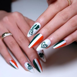 24Pcs St Patricks Day Press On Nails, Almond Press On Nails Medium Fake Nails with Green Shamrock & Heart Hat Design, Artificial Nails Stick On Nails for Women