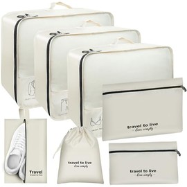 FeinKulturia Travel Bag Organizer 7 Teilige Koffer Packing Cubes Set Verstärkungsnähen mit Kosmetiktasche Schuhbeutel USB Kabeltasche Kleidertaschen Packwürfel Packtaschen Reise Zubehör Beige